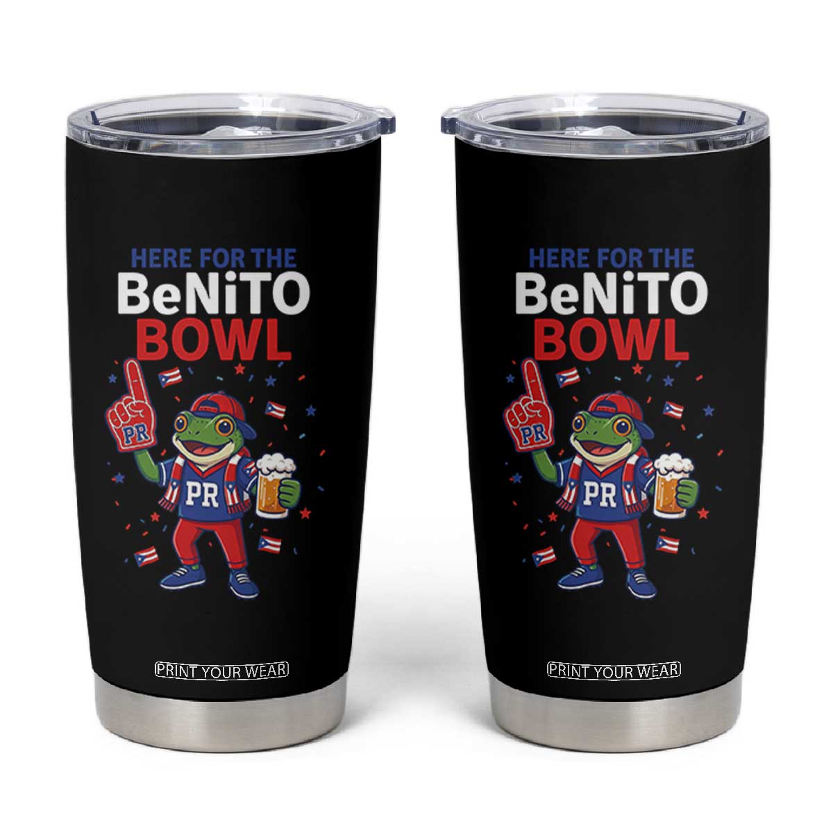 Funny Benito Bowl Puerto Rican Football Tumbler Cup Coquí Frog Music Fan with Beer and Foam Finger TS02 Black Print Your Wear