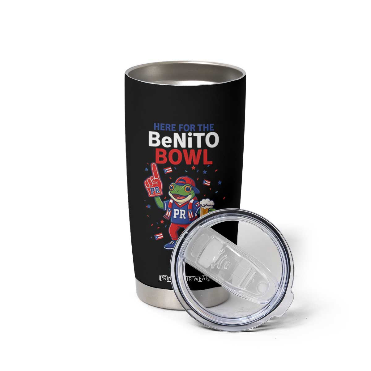 Funny Benito Bowl Puerto Rican Football Tumbler Cup Coquí Frog Music Fan with Beer and Foam Finger TS02 Print Your Wear