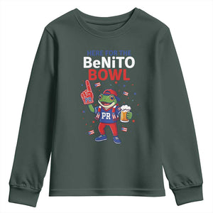 Funny Benito Bowl Puerto Rican Football Youth Sweatshirt Coquí Frog Music Fan with Beer and Foam Finger TS02 Dark Forest Green Print Your Wear