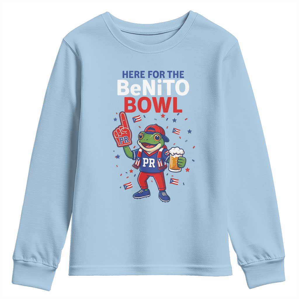 Funny Benito Bowl Puerto Rican Football Youth Sweatshirt Coquí Frog Music Fan with Beer and Foam Finger TS02 Light Blue Print Your Wear