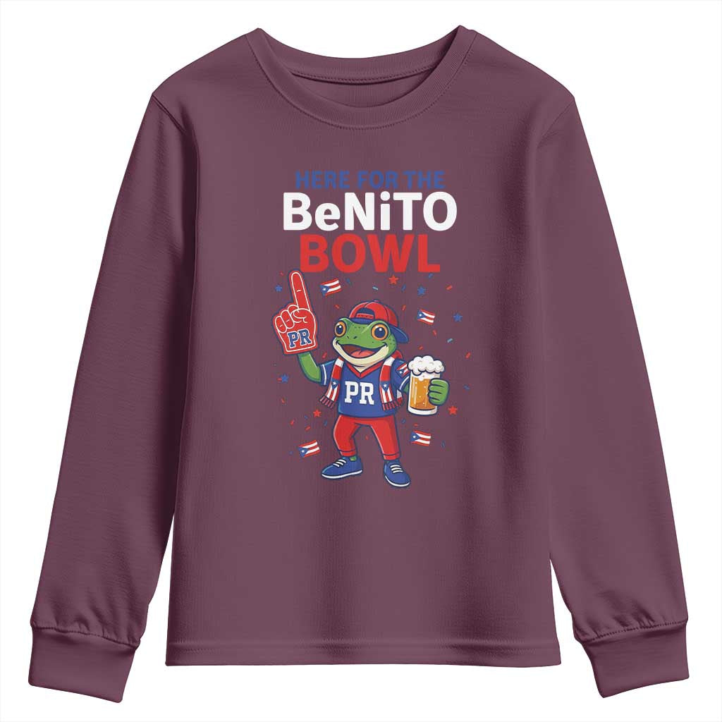Funny Benito Bowl Puerto Rican Football Youth Sweatshirt Coquí Frog Music Fan with Beer and Foam Finger TS02 Maroon Print Your Wear