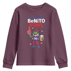 Funny Benito Bowl Puerto Rican Football Youth Sweatshirt Coquí Frog Music Fan with Beer and Foam Finger TS02 Maroon Print Your Wear