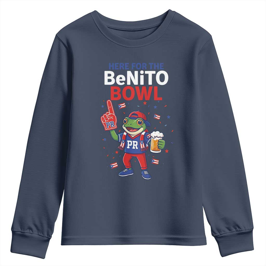 Funny Benito Bowl Puerto Rican Football Youth Sweatshirt Coquí Frog Music Fan with Beer and Foam Finger TS02 Navy Print Your Wear