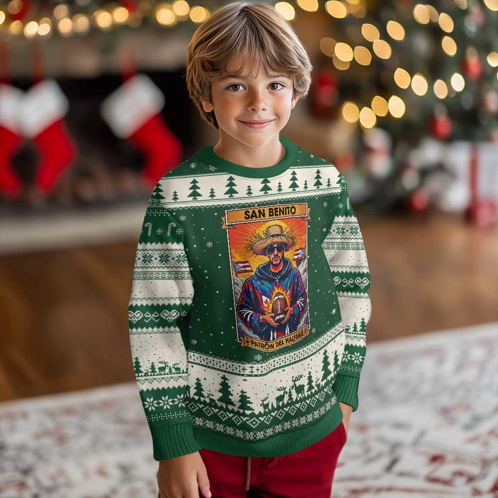 Funny San Benito Patron del Halftime Ugly Christmas Sweater Bowl 2026 Puerto Rican Football Music Fan TS02 Forest Green Beige Print Your Wear