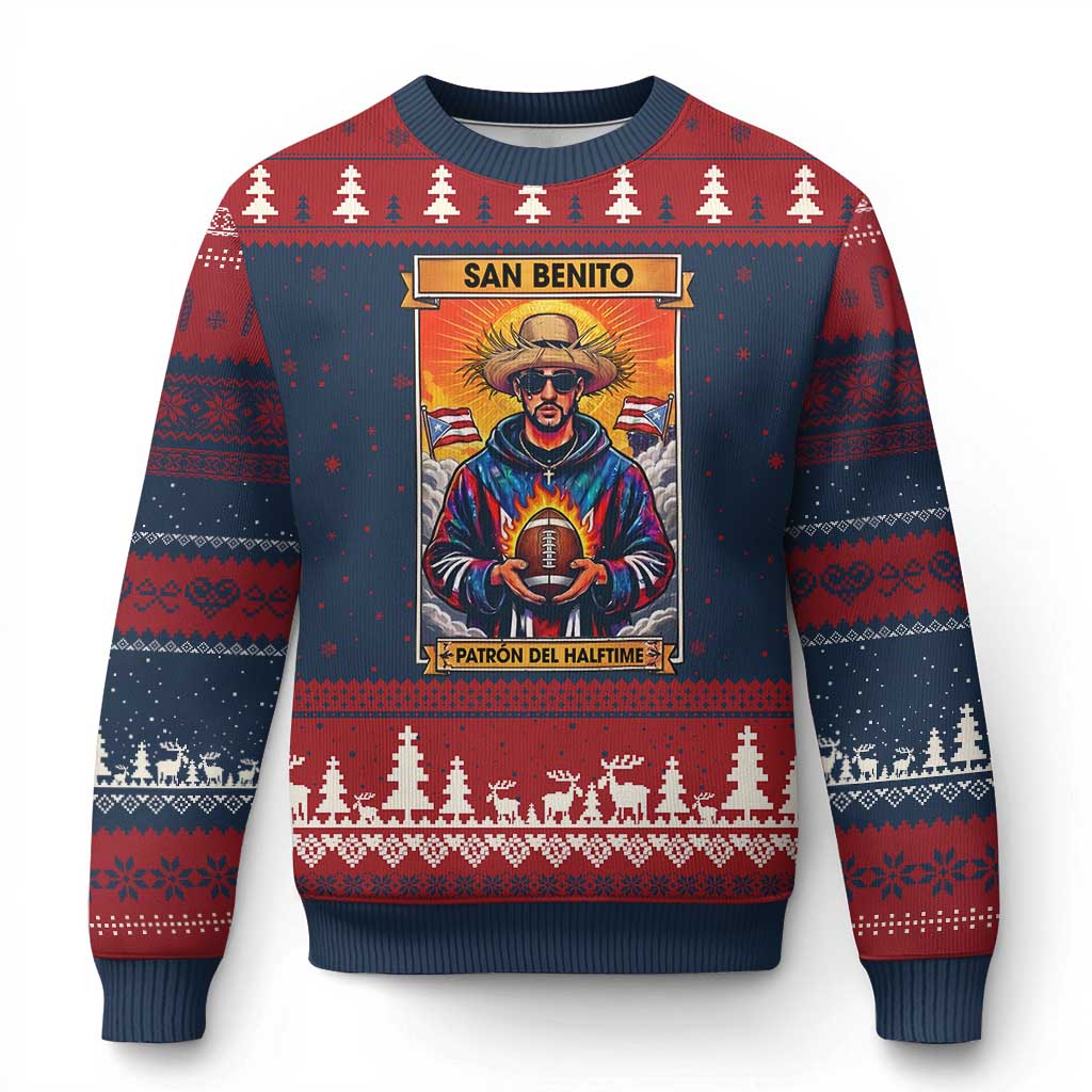 Funny San Benito Patron del Halftime Ugly Christmas Sweater Bowl 2026 Puerto Rican Football Music Fan TS02 Navy Red Print Your Wear