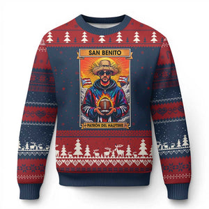 Funny San Benito Patron del Halftime Ugly Christmas Sweater Bowl 2026 Puerto Rican Football Music Fan TS02 Navy Red Print Your Wear