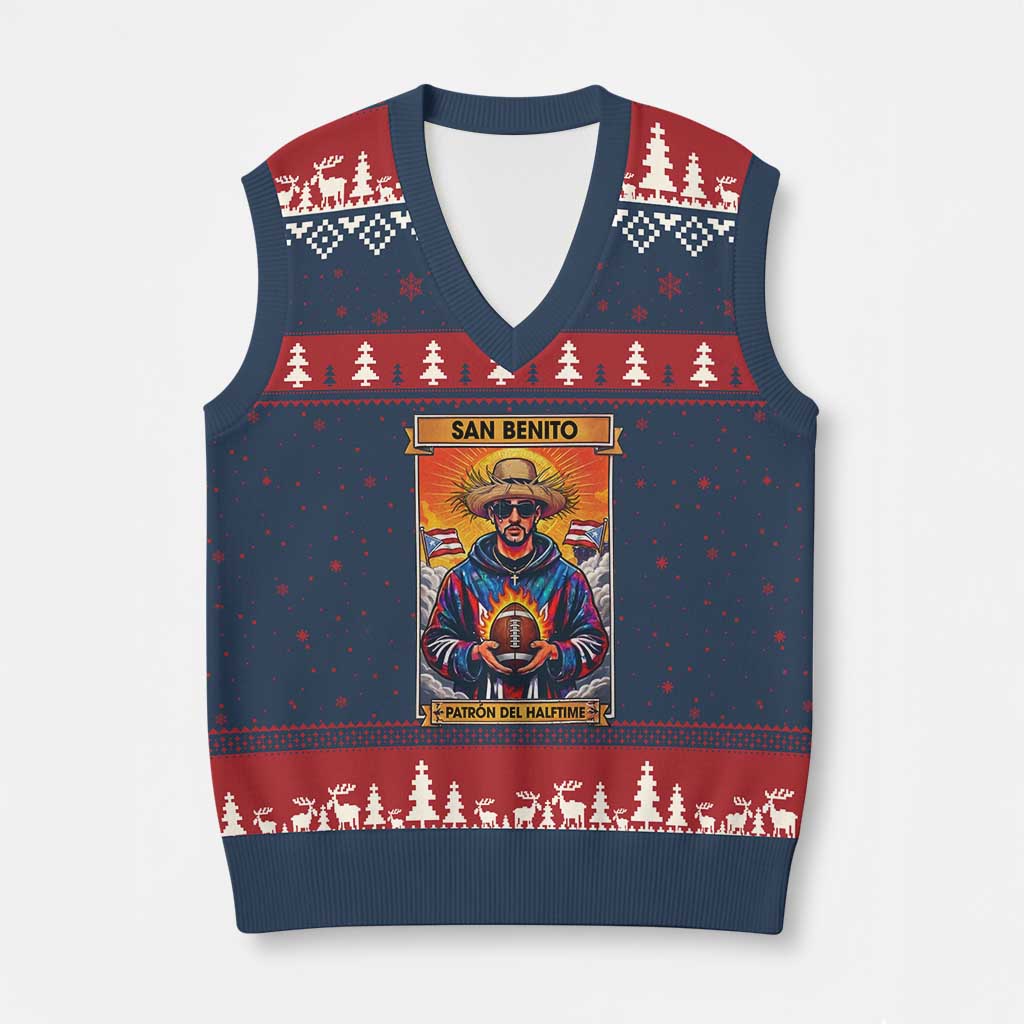 Funny San Benito Patron del Halftime V-Neck Knit Sweater Vest Bowl 2026 Puerto Rican Football Music Fan TS02 Navy Red Print Your Wear