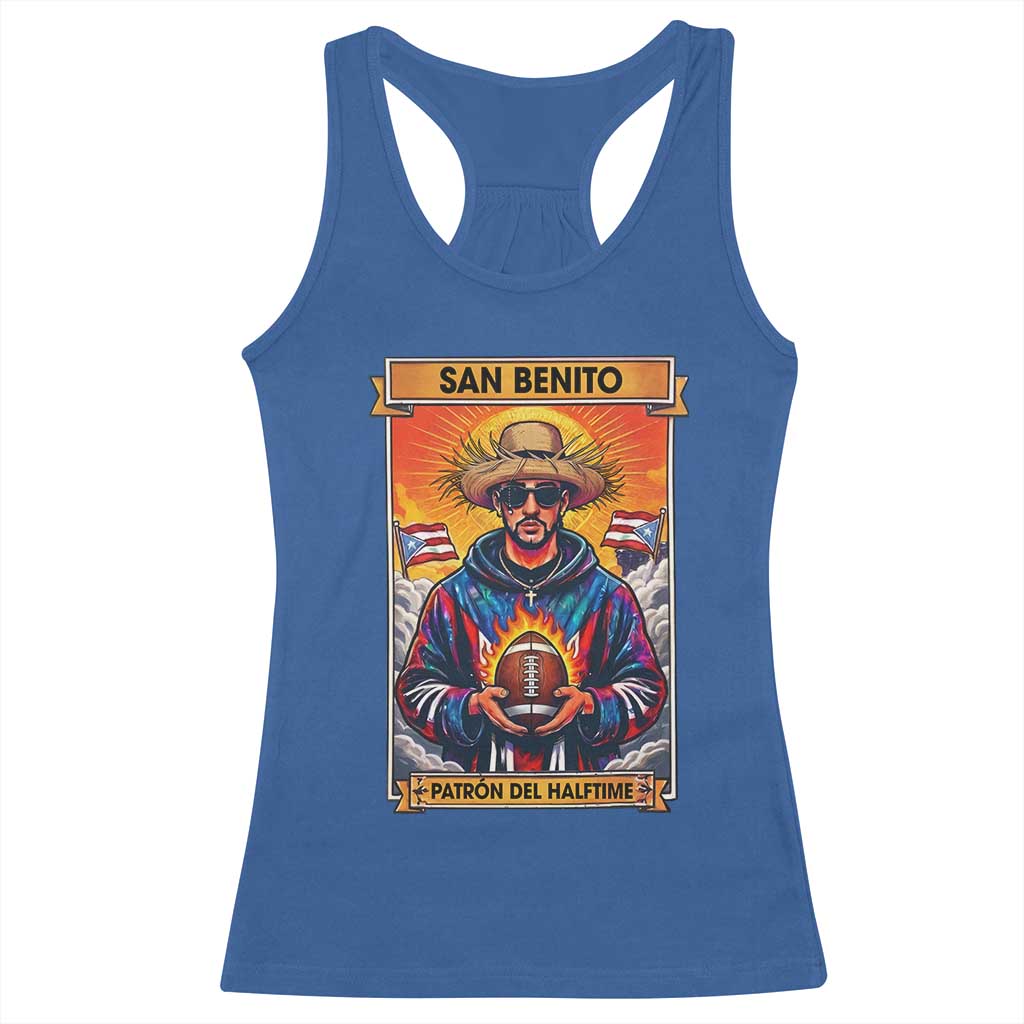 Funny San Benito Patron del Halftime Racerback Tank Top Bowl 2026 Puerto Rican Football Music Fan TS02 Royal Blue Print Your Wear