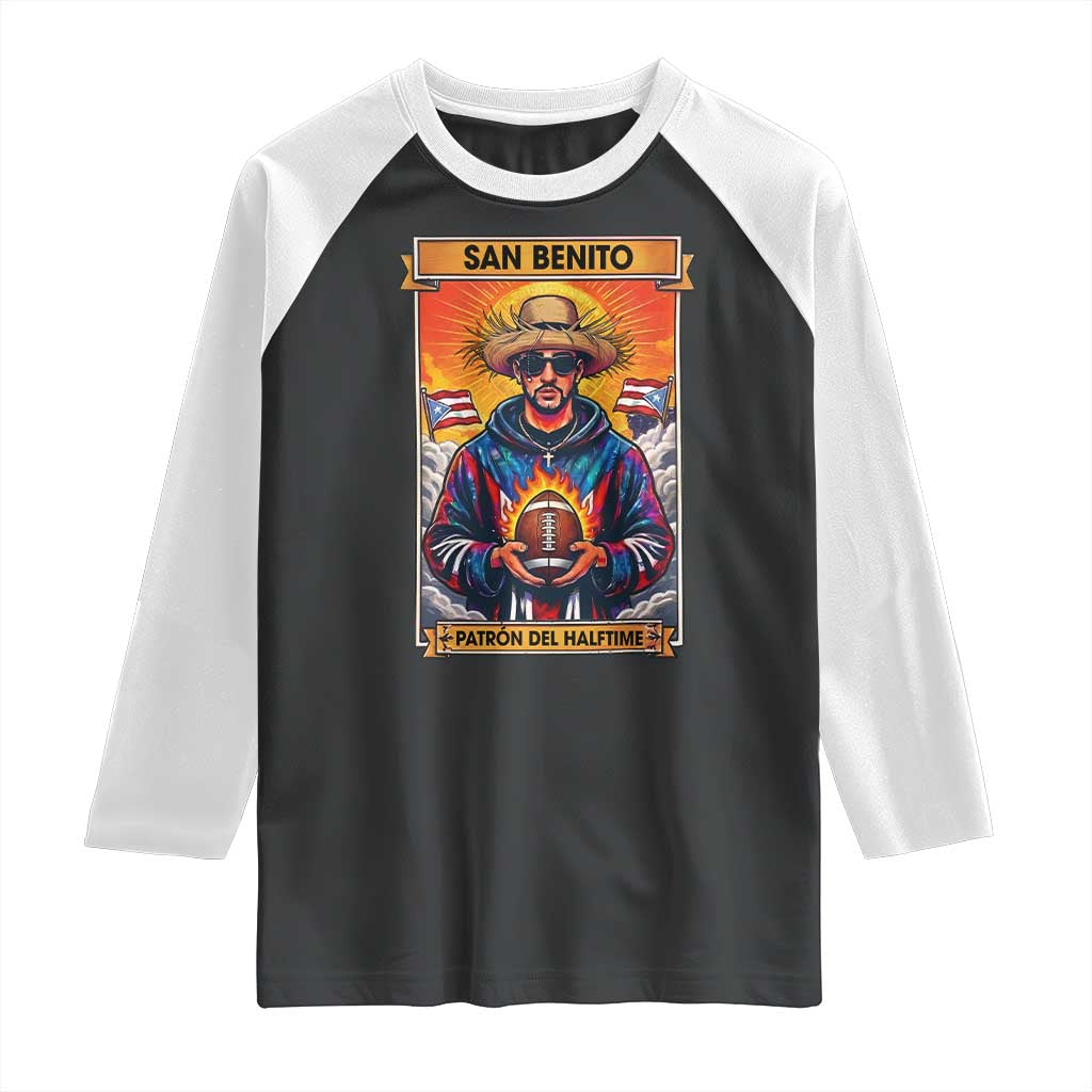 Funny San Benito Patron del Halftime Raglan Shirt Bowl 2026 Puerto Rican Football Music Fan TS02 Black White Print Your Wear