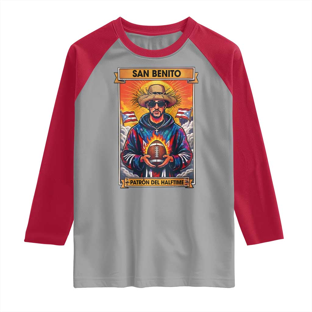 Funny San Benito Patron del Halftime Raglan Shirt Bowl 2026 Puerto Rican Football Music Fan TS02 Sport Gray Red Print Your Wear