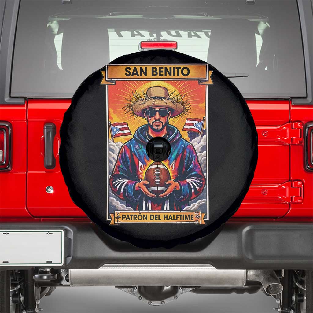 Funny San Benito Patron del Halftime Spare Tire Cover Bowl 2026 Puerto Rican Football Music Fan TS02 Black Print Your Wear