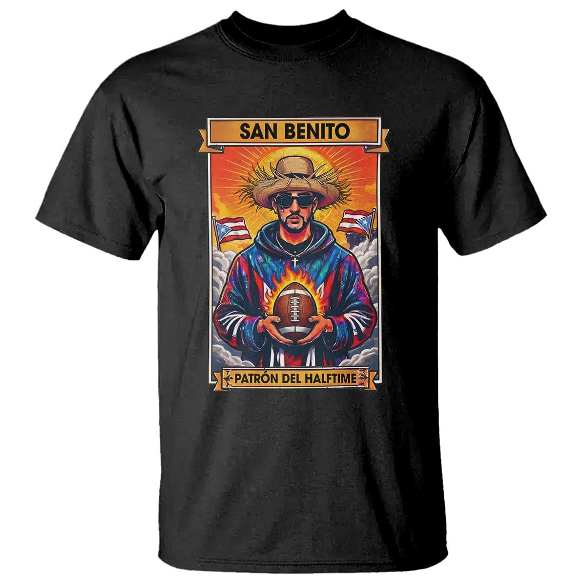 Funny San Benito Patron del Halftime T Shirt Bowl 2026 Puerto Rican Football Music Fan TS02 Black Print Your Wear