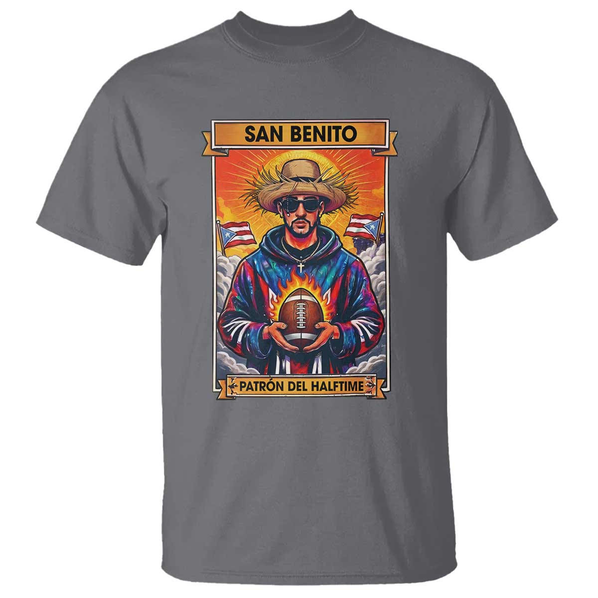 Funny San Benito Patron del Halftime T Shirt Bowl 2026 Puerto Rican Football Music Fan TS02 Charcoal Print Your Wear