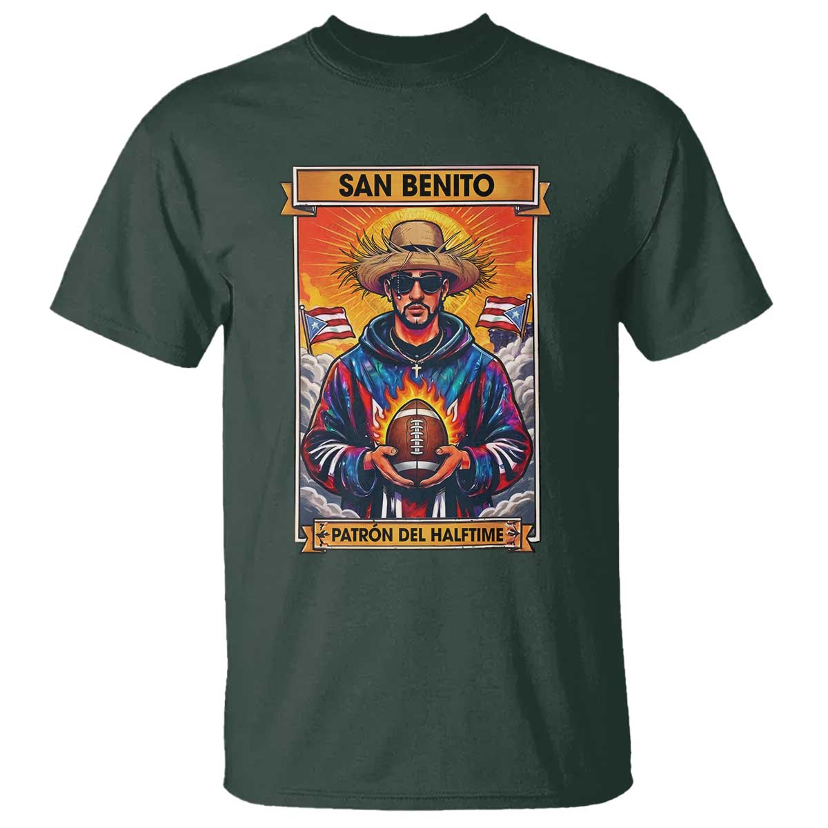 Funny San Benito Patron del Halftime T Shirt Bowl 2026 Puerto Rican Football Music Fan TS02 Dark Forest Green Print Your Wear