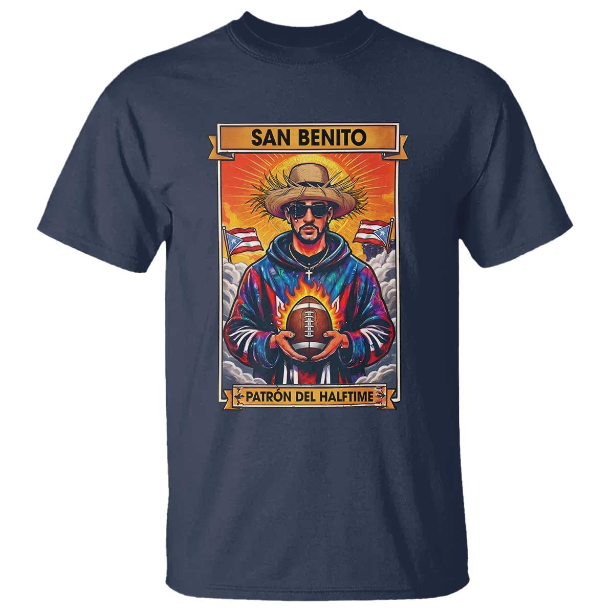 Funny San Benito Patron del Halftime T Shirt Bowl 2026 Puerto Rican Football Music Fan TS02 Navy Print Your Wear