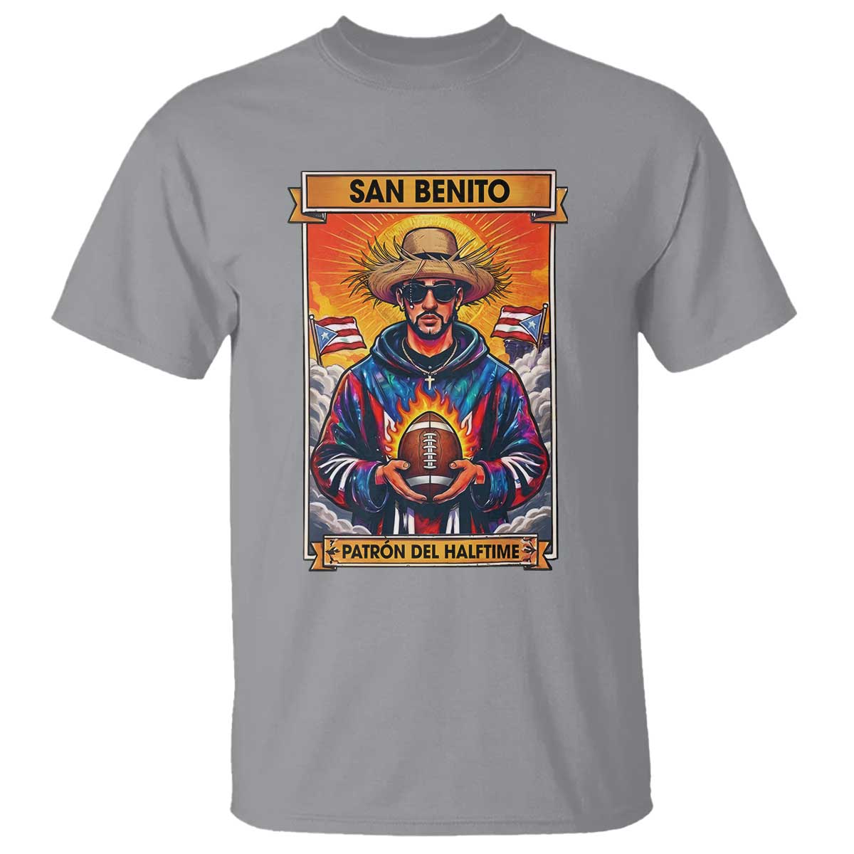Funny San Benito Patron del Halftime T Shirt Bowl 2026 Puerto Rican Football Music Fan TS02 Sport Gray Print Your Wear