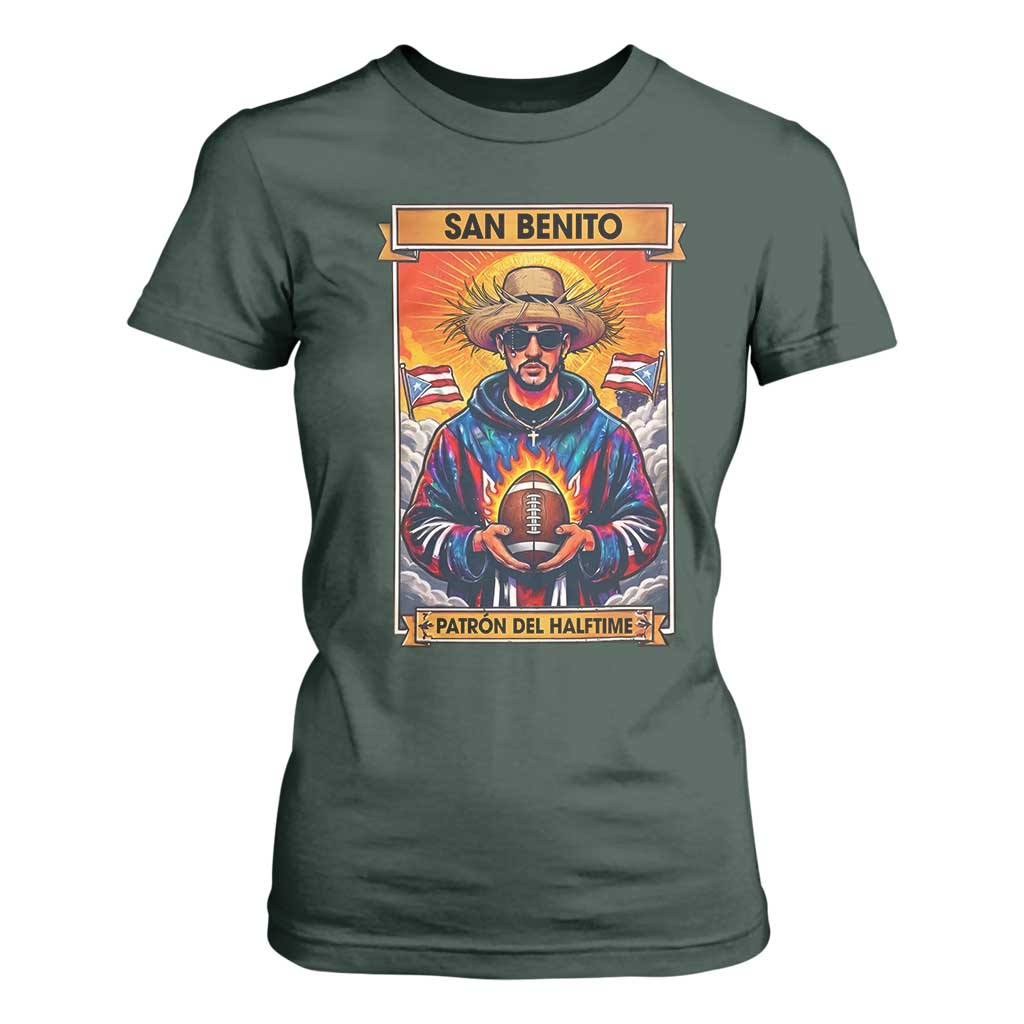 Funny San Benito Patron del Halftime T Shirt For Women Bowl 2026 Puerto Rican Football Music Fan TS02 Dark Forest Green Print Your Wear