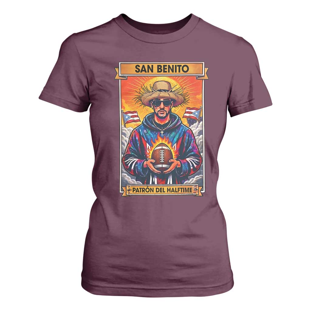Funny San Benito Patron del Halftime T Shirt For Women Bowl 2026 Puerto Rican Football Music Fan TS02 Maroon Print Your Wear