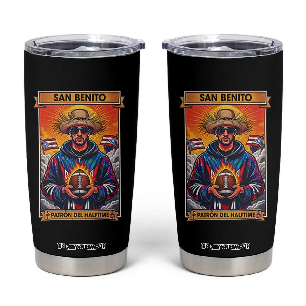 Funny San Benito Patron del Halftime Tumbler Cup Bowl 2026 Puerto Rican Football Music Fan TS02 Black Print Your Wear