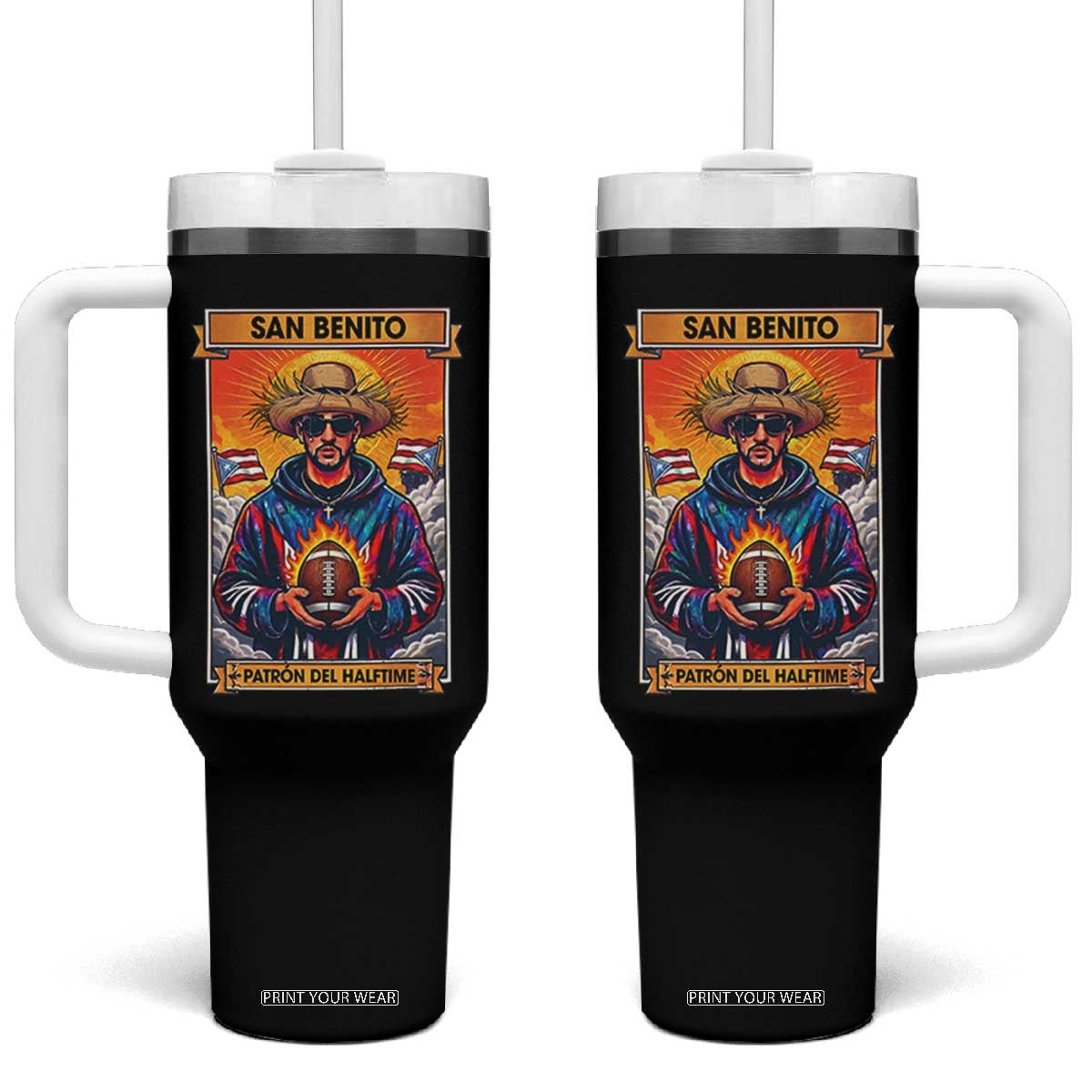 Funny San Benito Patron del Halftime Tumbler With Handle Bowl 2026 Puerto Rican Football Music Fan TS02 One Size: 40 oz Black Print Your Wear