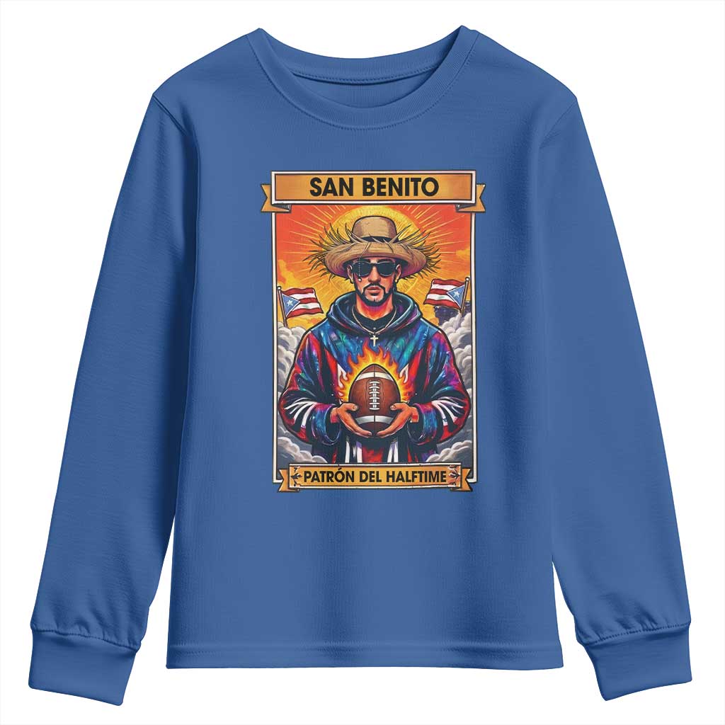 Funny San Benito Patron del Halftime Youth Sweatshirt Bowl 2026 Puerto Rican Football Music Fan TS02 Royal Blue Print Your Wear