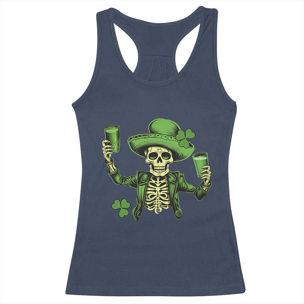 Funny St Patricks Day Drinking Skeleton Racerback Tank Top for Beer Lover Alcoholic TS02 Navy Print Your Wear