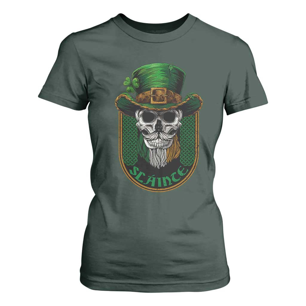 Irish Skull T Shirt For Women Slainte Cheers Funny St. Patricks Day Drinking Lover TS02 Dark Forest Green Print Your Wear