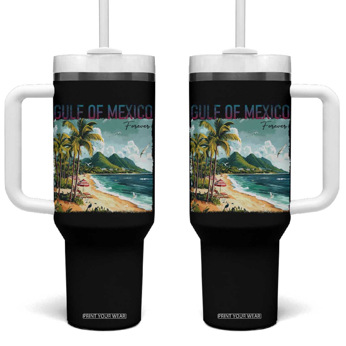 Gulf of Mexico Forever Tumbler With Handle Retro Beach TS02 One Size: 40 oz Black Print Your Wear