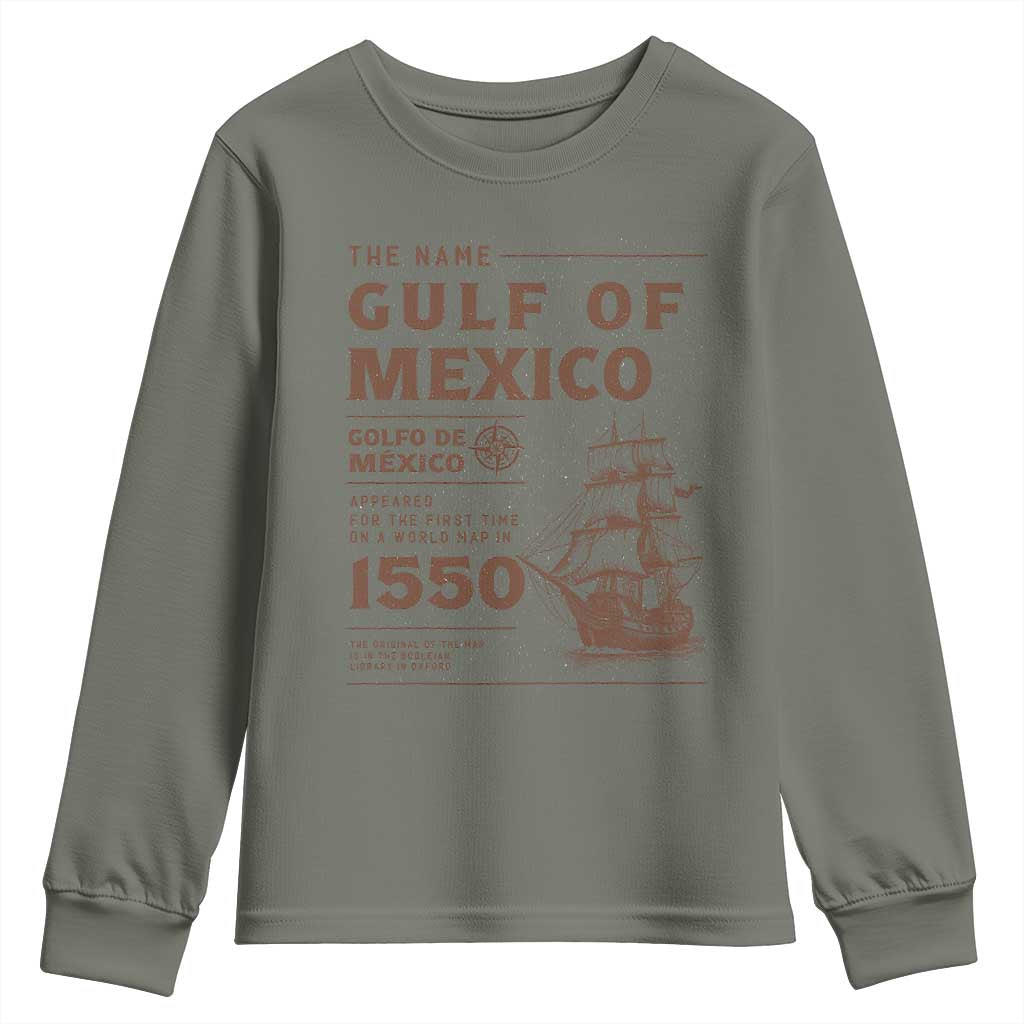 Gulf of Mexico Name Origin 1550 Youth Sweatshirt Sailing Ship Retro Vintage TS02 Military Green Print Your Wear