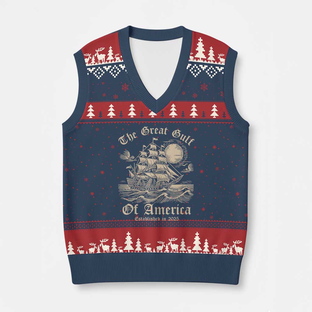The Great Gulf Of USA V-Neck Knit Sweater Vest Established in 2025 TS02 Navy Red Print Your Wear