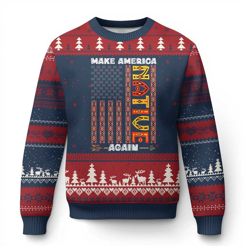 Make America Native Again Ugly Christmas Sweater Indigenous Pride Cultural Heritage USA Flag TS02 Navy Red Print Your Wear