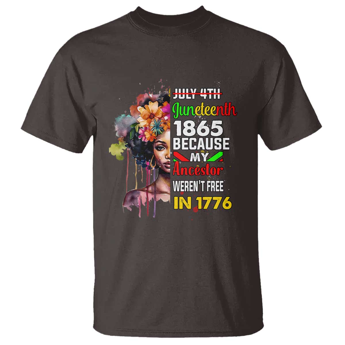 Juneteenth 1865 T Shirt Because My Ancestor Weren't Free In 1776 Afro Black Woman TS02 Dark Chocolate Print Your Wear