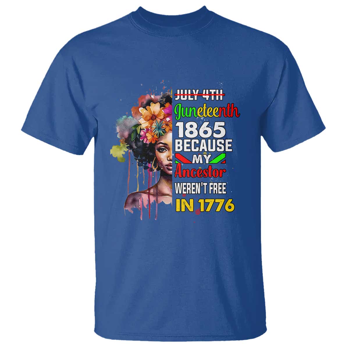 Juneteenth 1865 T Shirt Because My Ancestor Weren't Free In 1776 Afro Black Woman TS02 Royal Blue Print Your Wear