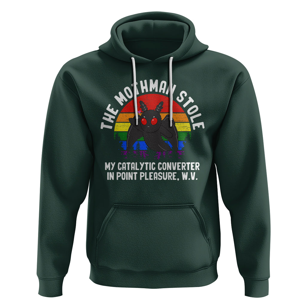 Funny Mothman Hoodie The Mothman Stole My Catalytic Converter In Point Cryptid TS02 Dark Forest Green Printyourwear