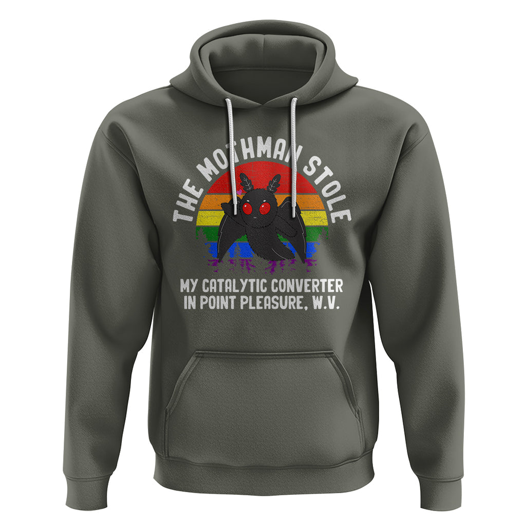 Funny Mothman Hoodie The Mothman Stole My Catalytic Converter In Point Cryptid TS02 Military Green Printyourwear