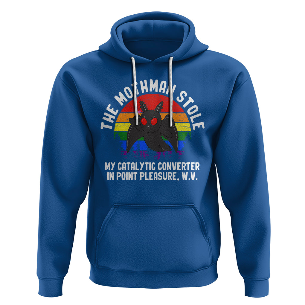 Funny Mothman Hoodie The Mothman Stole My Catalytic Converter In Point Cryptid TS02 Royal Blue Printyourwear