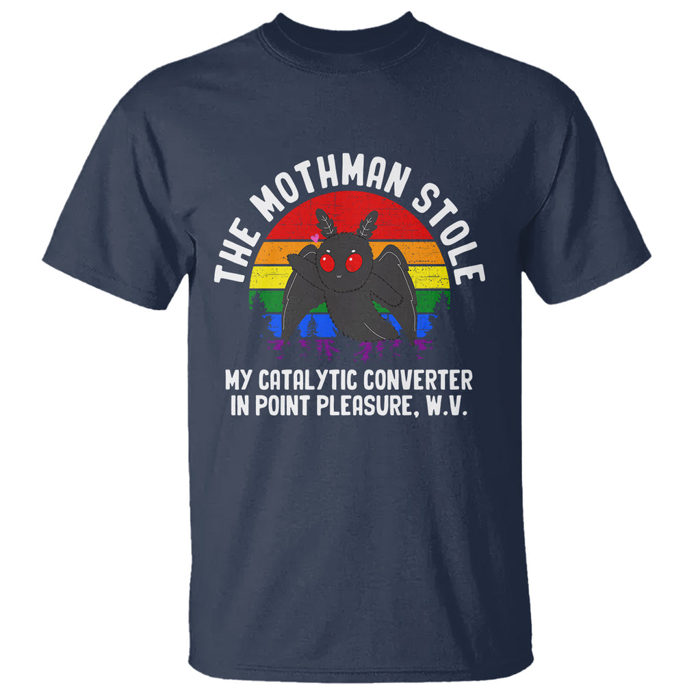 Funny Mothman T Shirt The Mothman Stole My Catalytic Converter In Point Cryptid TS02 Navy Printyourwear