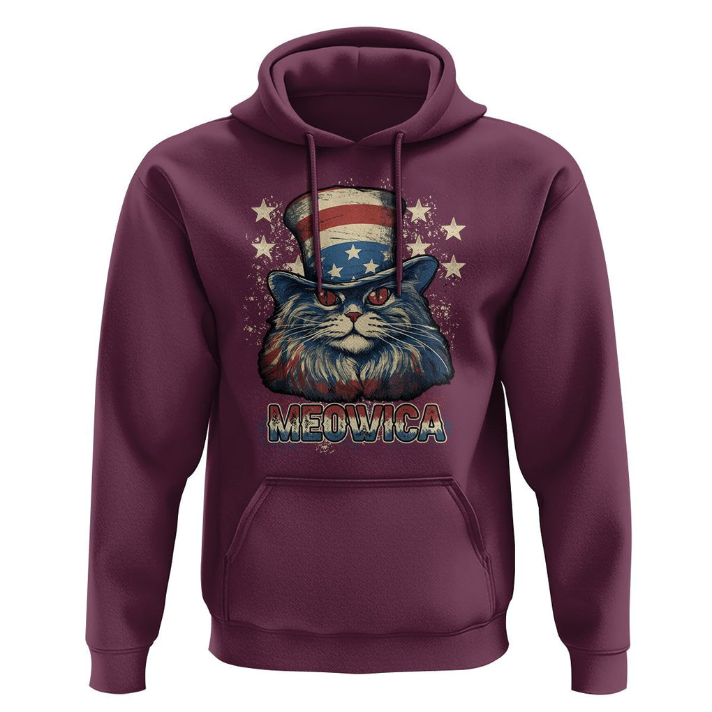 Patriotic American Cat Hoodie Meowica With Uncle Sam Hat US Flag 4th of July TS02 Maroon Print Your Wear