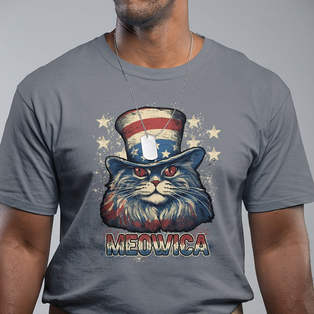 Patriotic American Cat T Shirt Meowica With Uncle Sam Hat US Flag 4th of July TS02 Charcoal Print Your Wear