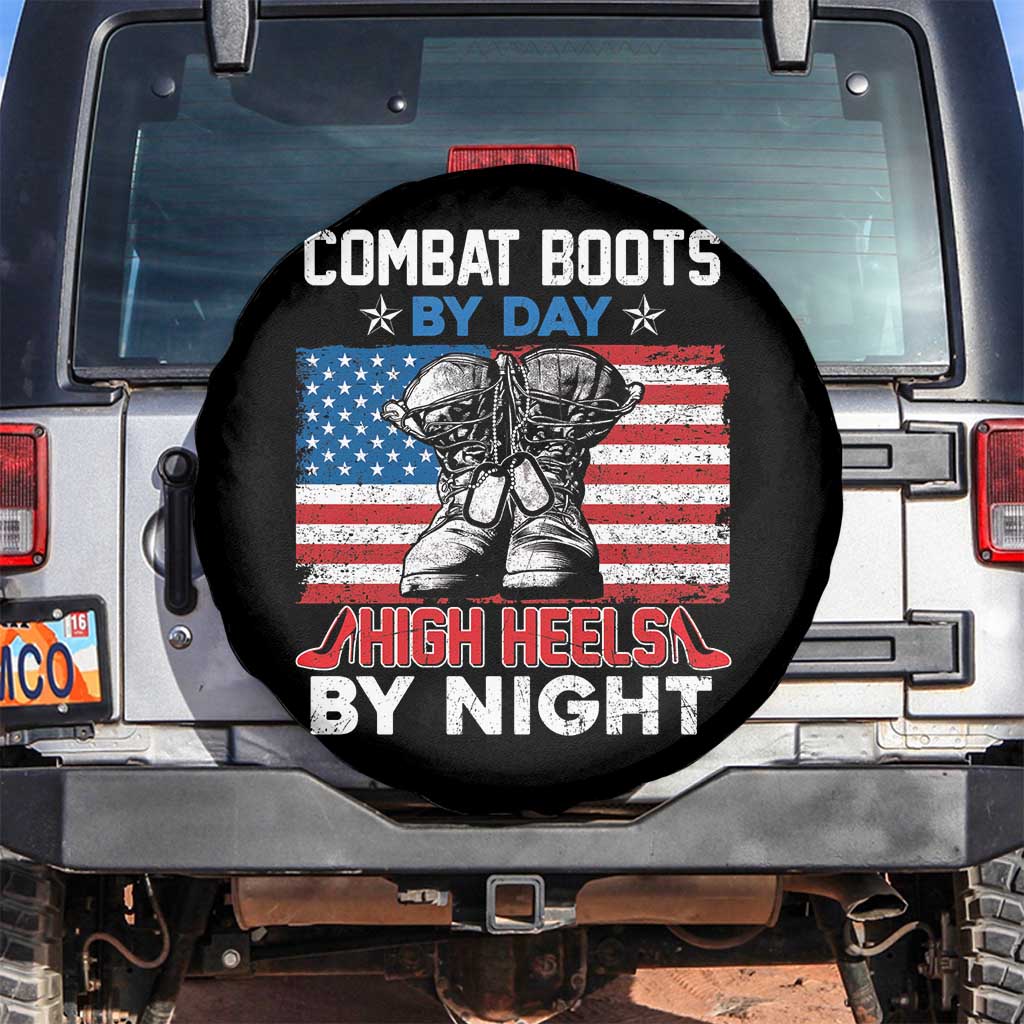 Female Veteran Spare Tire Cover Funny Women Veterans Combat Boots By Day High Heels By Night Dog Tags TS02 No hole Black Print Your Wear