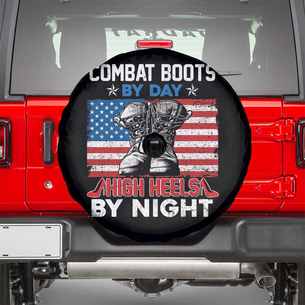 Female Veteran Spare Tire Cover Funny Women Veterans Combat Boots By Day High Heels By Night Dog Tags TS02 Black Print Your Wear