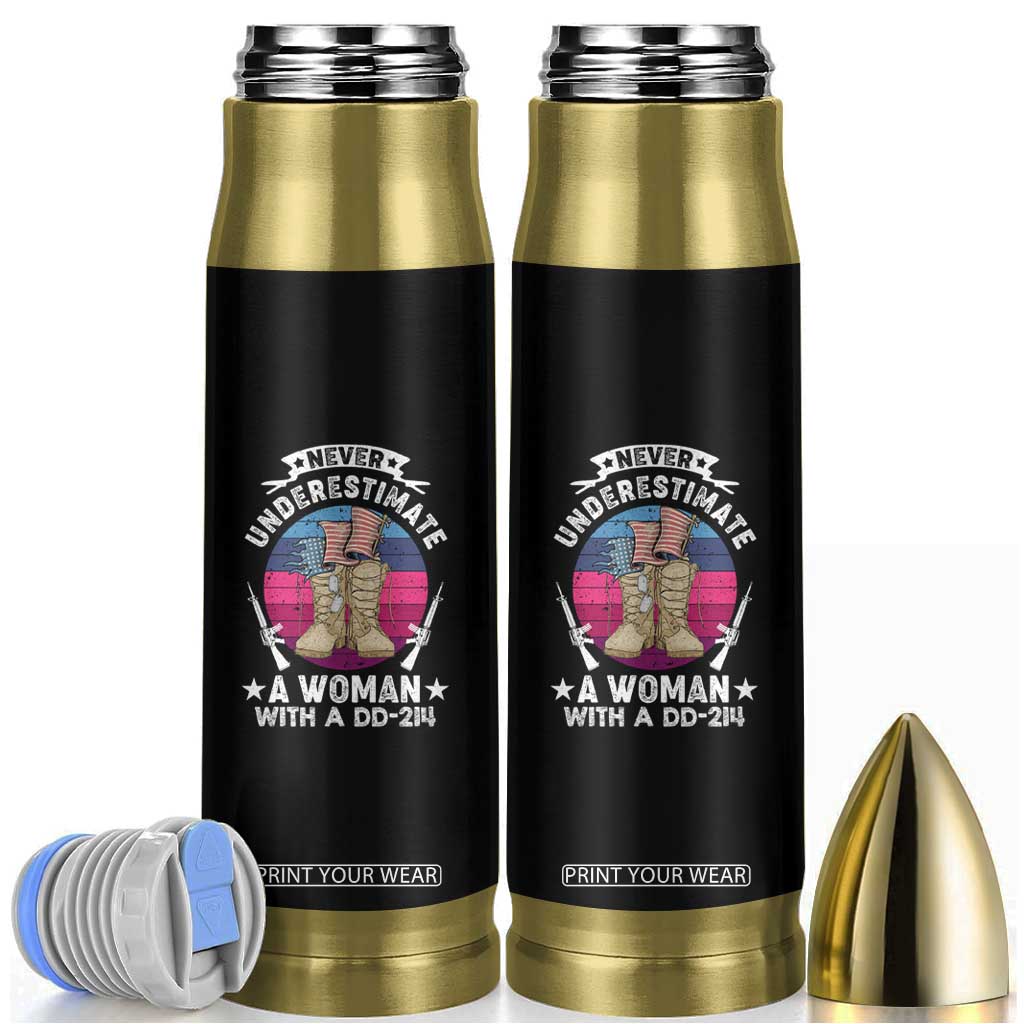Female Veteran Bullet Tumbler Never Underestimate A Woman With DD214 Combat Boots Retro TS02 Black Print Your Wear