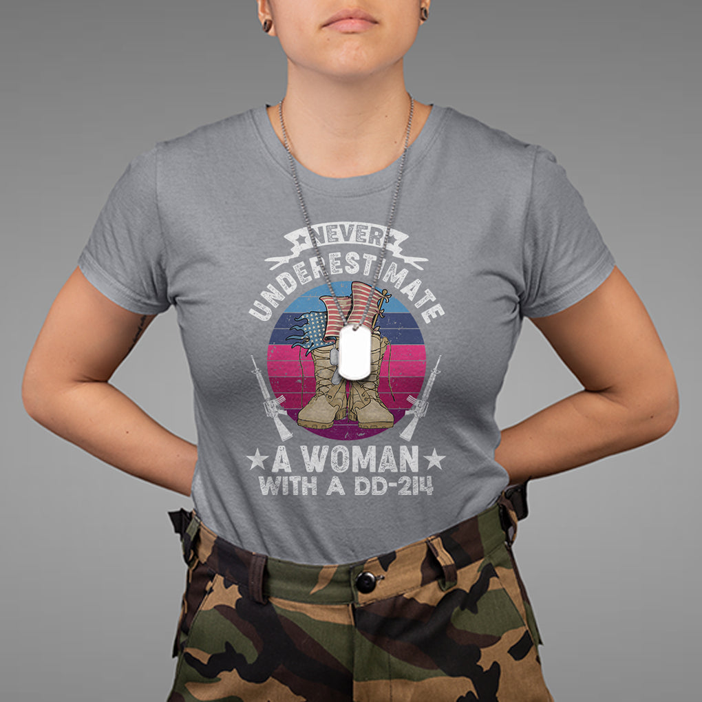 Patriotic Never Underestimate A Woman With DD214 T Shirt for Female Veteran TS02 Printyourwear