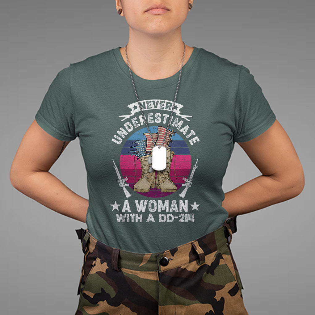 Patriotic Never Underestimate A Woman With DD214 T Shirt for Female Veteran TS02 Printyourwear