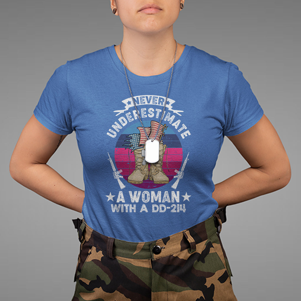 Patriotic Never Underestimate A Woman With DD214 T Shirt for Female Veteran TS02 Printyourwear