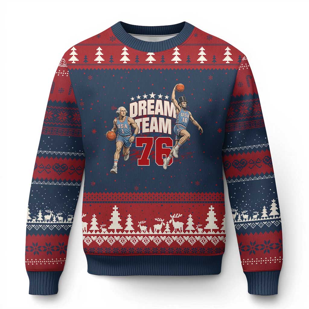 Dream Team 76 Founding Fathers Playing Basketball Ugly Christmas Sweater Funny George Washington Abraham Lincoln Patriotic Sports Fan TS02 Navy Red Print Your Wear
