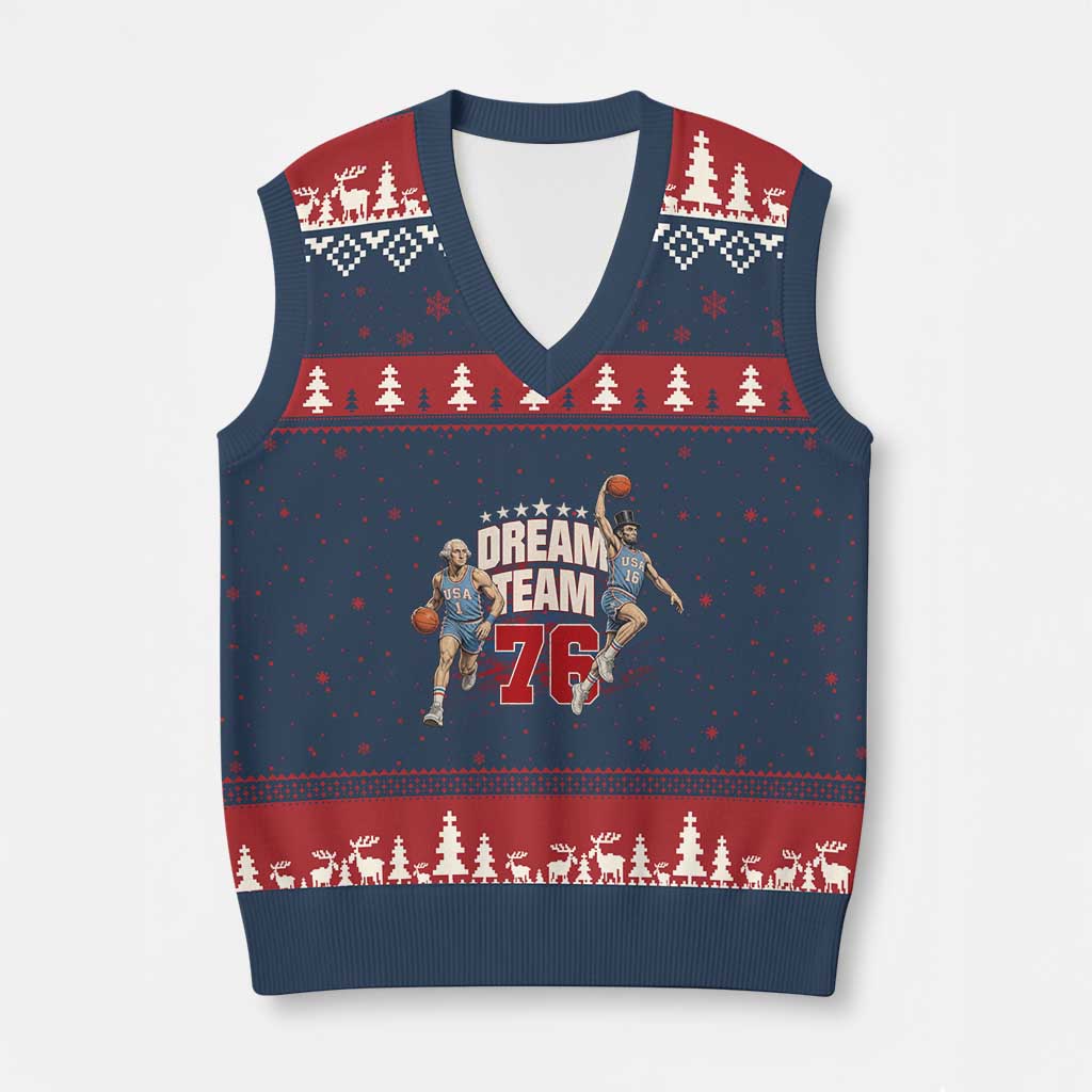 Dream Team 76 Founding Fathers Playing Basketball V-Neck Knit Sweater Vest Funny George Washington Abraham Lincoln Patriotic Sports Fan TS02 Navy Red Print Your Wear