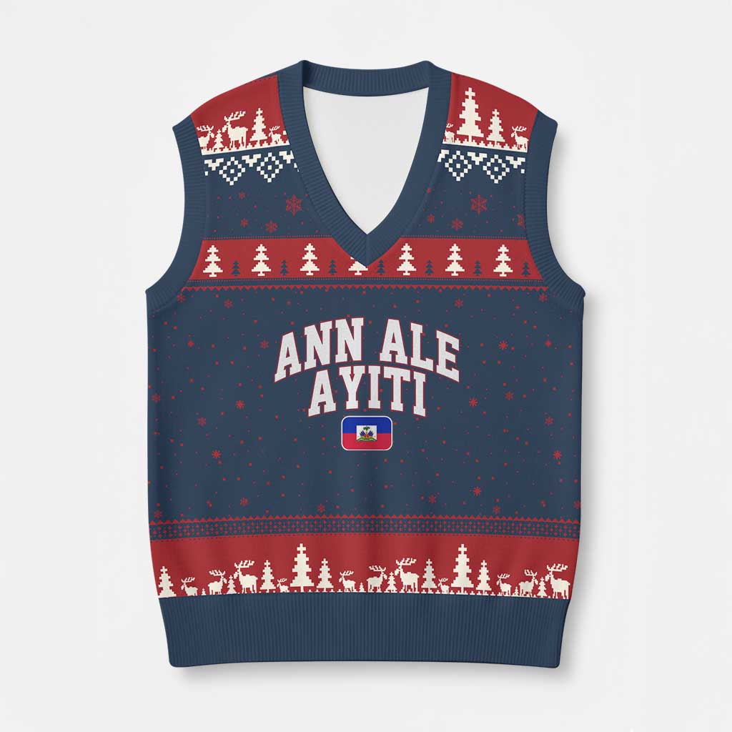 Ann Ale Ayiti Collegiate Athletic Sport Style V-Neck Knit Sweater Vest Let's Go Haiti Haitian Flag and Coat of Arms Pride TS02 Navy Red Print Your Wear