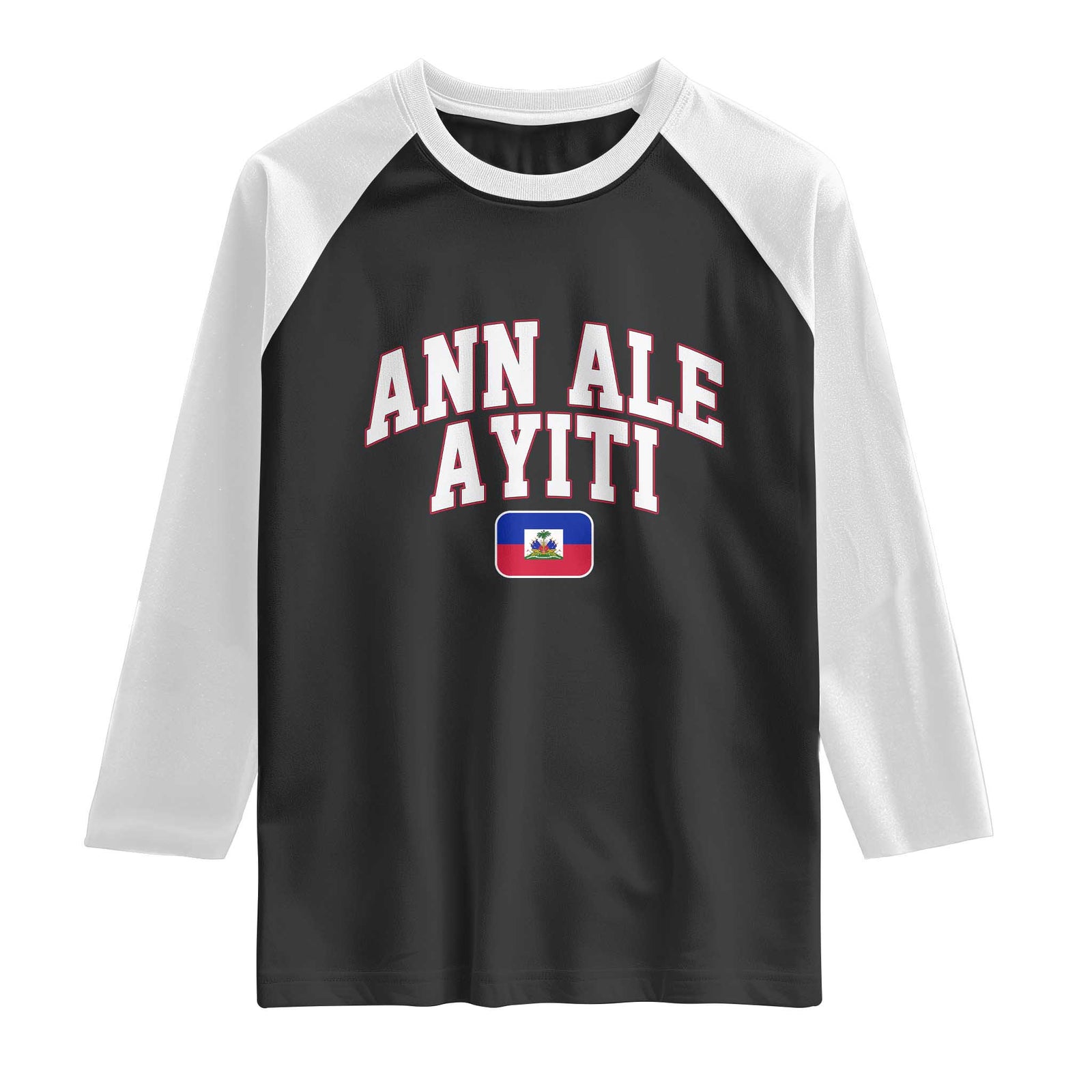 Ann Ale Ayiti Collegiate Athletic Sport Style Raglan Shirt Let's Go Haiti Haitian Flag and Coat of Arms Pride TS02 Black White Print Your Wear