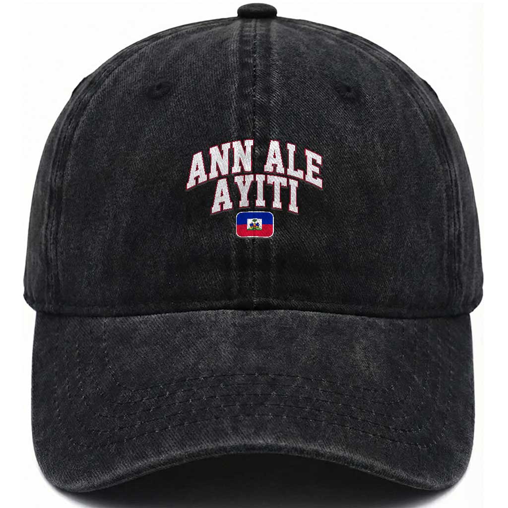 Ann Ale Ayiti Collegiate Athletic Sport Style Washed Cotton Baseball Cap Let's Go Haiti Haitian Flag and Coat of Arms Pride